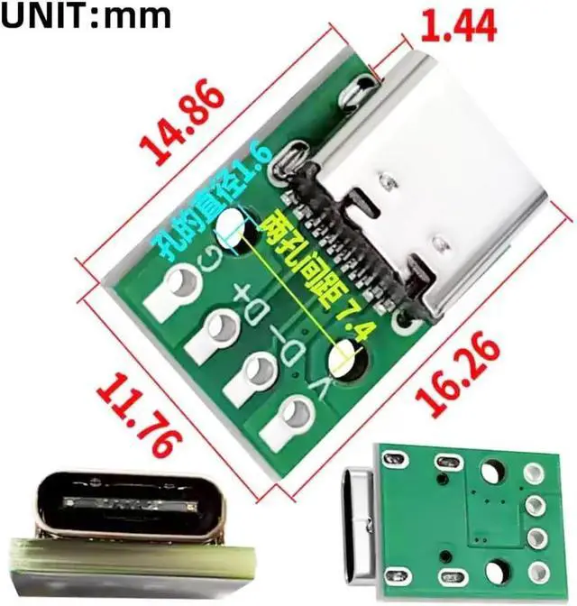 Alt view image 6 of 7 - 5 Pack USB C DIY Connector, Pitch 2.54mm USB 2.0 Type C 4Pin Female Socket Port Repair Replacement Solder Adapter