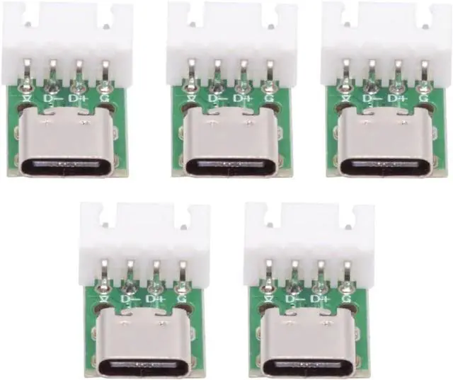 Main image of 5 Pack USB C DIY Connector, Pitch 2.54mm 4Pin to USB 2.0 Type C Female Socket Port Repair Replacement Solder Adapter with Wafer Socket