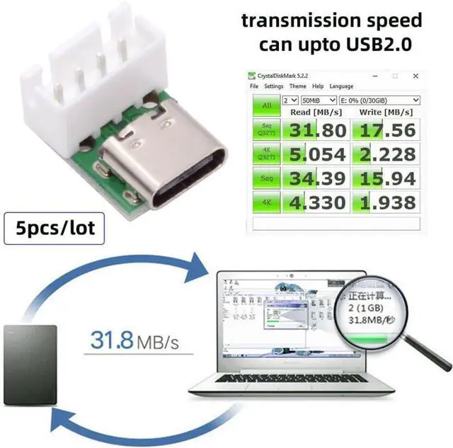 Alt view image 4 of 7 - 5 Pack USB C DIY Connector, Pitch 2.54mm Vertical 4Pin to USB 2.0 Type C Female Socket Port Repair Replacement Solder Adapter with Wafer Socket