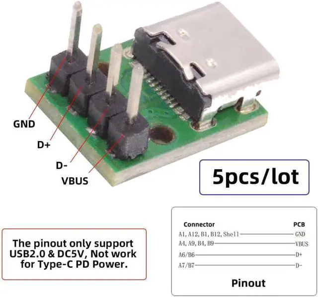 Alt view image 2 of 7 - 5 Pack USB C DIY Connector, Pitch 2.54mm Vertical 4Pin to USB 2.0 Type C Female Socket Port Repair Replacement Solder Adapter
