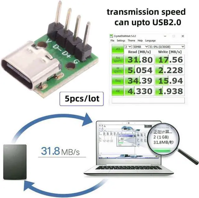 Alt view image 4 of 7 - 5 Pack USB C DIY Connector, Pitch 2.54mm Vertical 4Pin to USB 2.0 Type C Female Socket Port Repair Replacement Solder Adapter