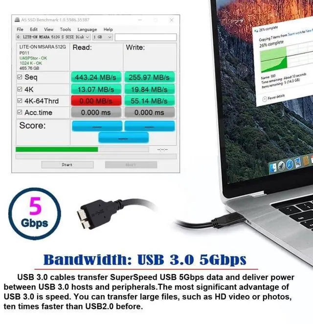 Alt view image 3 of 7 - 2 Pack USB 3.0/USB C Male to Micro B Male Cable for Portable Hard Disk 15cm