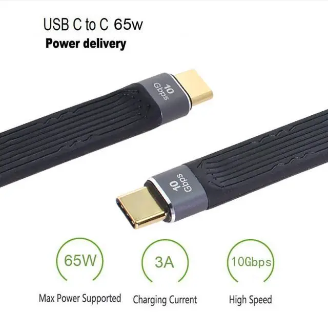 Alt view image 2 of 7 - USB-C Type-C Male to USB-C Male USB 3.1 10Gbps 65W 3A Flat Slim FPC Data Cable for Laptop & Phone 13cm