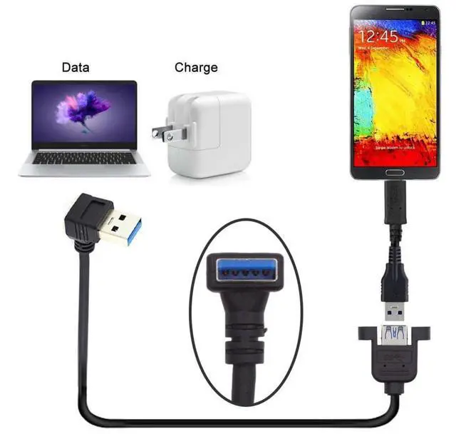 Alt view image 4 of 7 - 12 Inch Short USB Extension Cable, USB 3.0 Male to Female 90 Degree UP Angled Panel Mount Type Cable with Screws