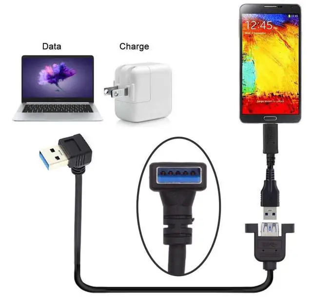 Alt view image 4 of 7 - 12 Inch Short USB Extension Cable, USB 3.0 Male to Female 90 Degree Down Angled Panel Mount Type Cable with Screws