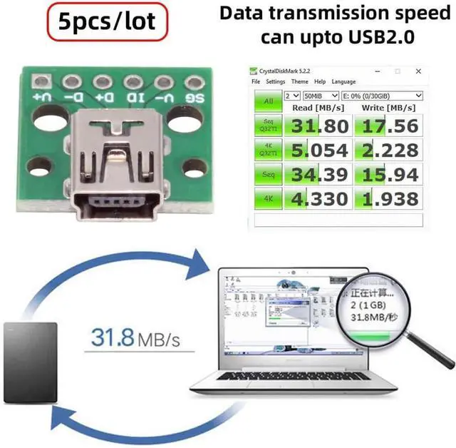 Alt view image 3 of 7 - 5 Pack USB 2.0 DIY Connector,Mini USB 6Pin Female Socket Port Repair Replacement Solder Adapter