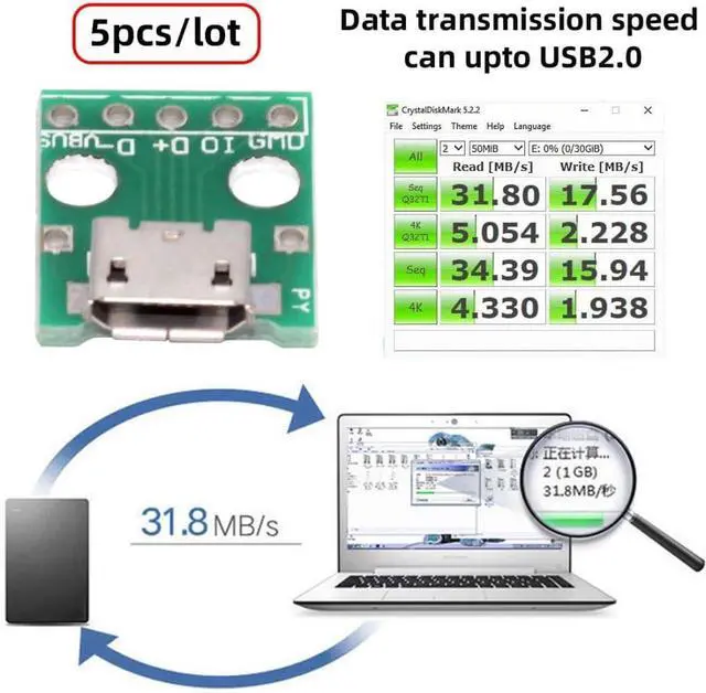 Alt view image 3 of 7 - 5 Pack USB 2.0 DIY Connector,Micro USB 6Pin Female Socket Port Repair Replacement Solder Adapter with Flange