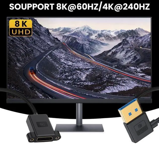 Alt view image 2 of 7 - DisplayPort 1.4 Cable DisplayPort Male to Female 90 Degree Left Angled 8K@60Hz 4K@240Hz 32.4Gbps High Speed Gold Plated Ultrafine Extension Cable Panel Mount Type 0.98FT/0.3M