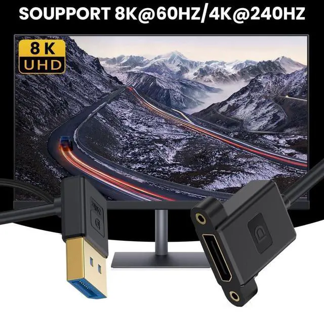 Alt view image 2 of 7 - DisplayPort 1.4 Cable DisplayPort Male to Female 90 Degree Down Angled 8K@60Hz 4K@240Hz 32.4Gbps High Speed Gold Plated Ultrafine Extension Cable Panel Mount Type 0.98FT/0.3M