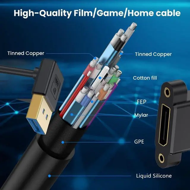 Alt view image 5 of 7 - DisplayPort 1.4 Cable DisplayPort Male to Female 90 Degree Down Angled 8K@60Hz 4K@240Hz 32.4Gbps High Speed Gold Plated Ultrafine Extension Cable Panel Mount Type 0.98FT/0.3M