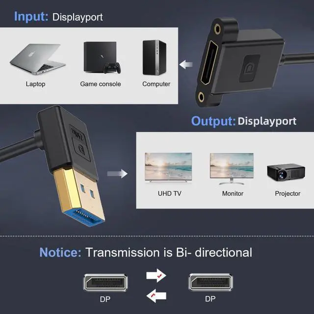 Alt view image 3 of 7 - DisplayPort 1.4 Cable DisplayPort Male to Female 90 Degree UP Angled 8K@60Hz 4K@240Hz 32.4Gbps High Speed Gold Plated Ultrafine Extension Cable Panel Mount Type 0.98FT/0.3M