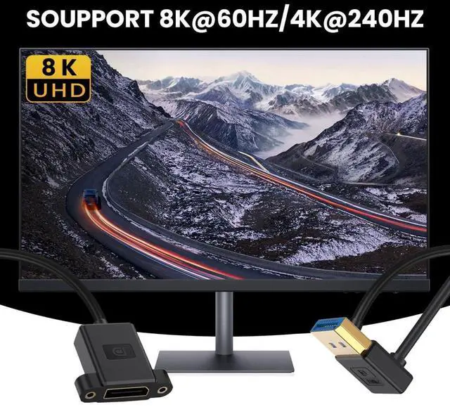 Alt view image 2 of 7 - DisplayPort 1.4 Cable DisplayPort Male to Female 90 Degree UP Angled 8K@60Hz 4K@240Hz 32.4Gbps High Speed Gold Plated Ultrafine Extension Cable Panel Mount Type 0.98FT/0.3M