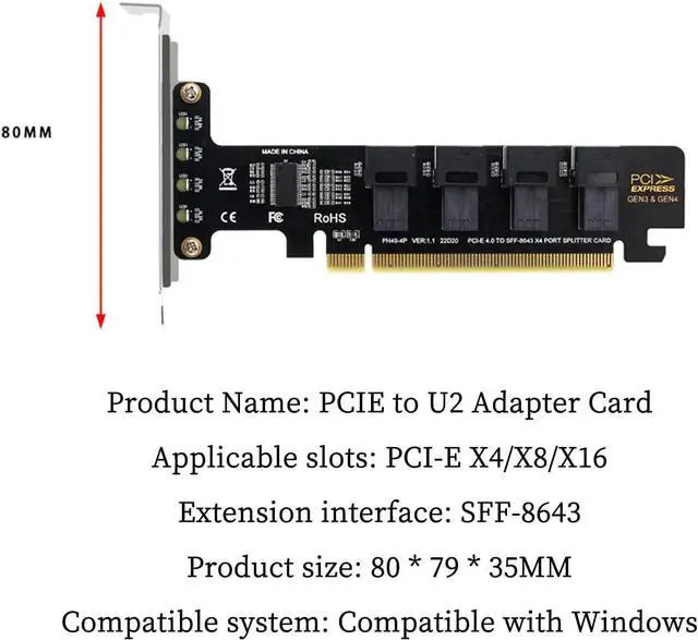 Alt view image 3 of 7 - PH49 PCIe4.0 X16 to 4-Port U.2 NVME SFF-8643 SFF-8639 Expansion Card Support X4 X8 X16 Slot Motherboard with PCIE Split Function (Half Height)