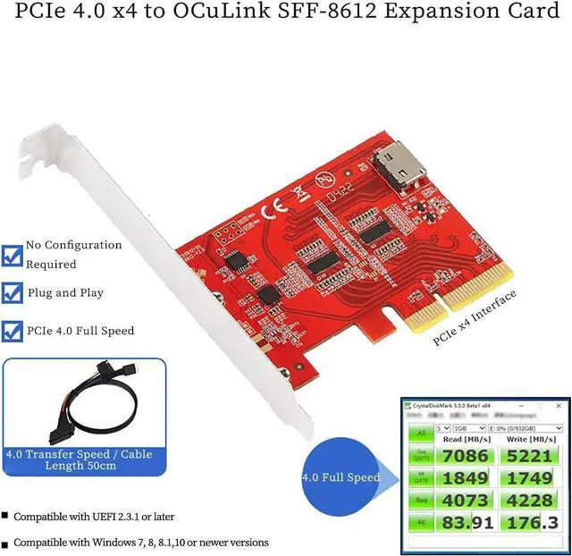 Alt view image 2 of 6 - PCIe 4.0 x4 to U.2 Expansion Card with Cable  Oculink SFF-8612 to SFF-8639 NVMe SSD Adapter, Gen4 16GT/s High-Speed Data Transfer for Server, Desktop, and Workstation