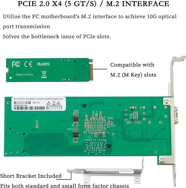 Alt view image 4 of 7 - M.2 (M Key) to 10G SFP+ Network Adapter Card, PCIe 2.0 x4 Interface with 82599EN Chip  Single-Port 10 Gigabit Fiber NIC for Server, Router, and NAS, Compatible with Windows/Linux/VMware/UEFI