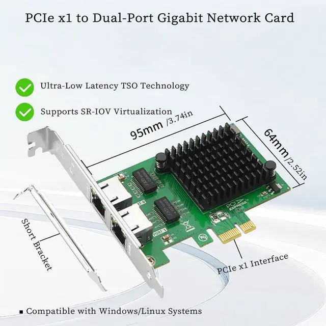 Alt view image 4 of 7 - PCIe x1 to Dual RJ45 Gigabit Server Network Card PI30R21  High-Performance Ethernet Adapter Support SR-IOV, VMDq, VLAN, and Load Balancing, Compatible with Windows/Linux Servers