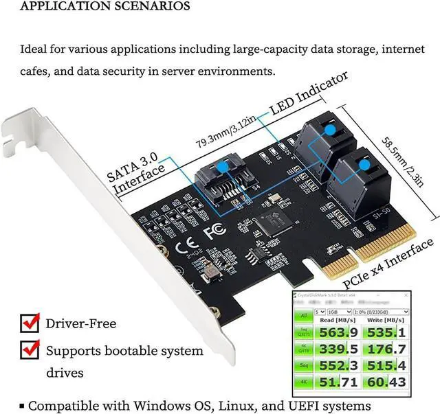 Alt view image 3 of 7 - PCIe x4 to 5-Port SATA3.0 6Gbps Expansion Card IO-PCE585S-5IPCIe 3.0 SATA Controller Adapter Supports Bootable System, Compatible with Desktop, Server, Industrial PC, DVR/NVR Systems