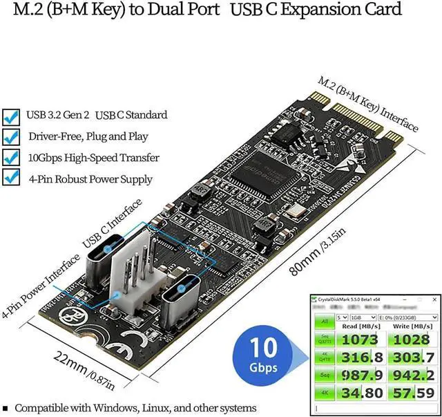 Alt view image 2 of 6 - M.2 (B+M Key) to Dual USB-C 10Gbps Expansion Card IO-M2F3142-2C, USB 3.2 Gen2 Adapter with 4-Pin Power, Compatible with Industrial Cameras, Live Streaming Devices, and High-Speed SSDs