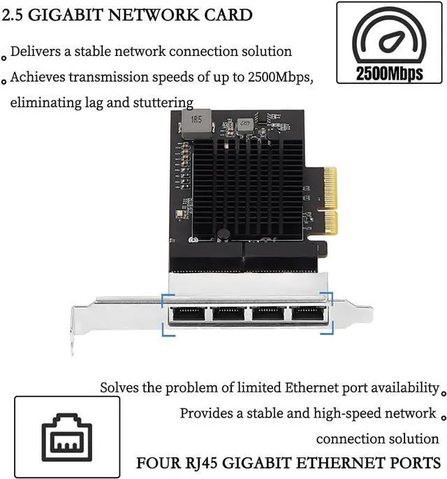 Alt view image 3 of 7 - PCIe X1 to 2.5G Network Card RTL8125B Gigabit Ethernet Adapter for Desktop and Server, PCI-E x1 LAN Card 2500Mbps with Dual LED Indicators, Full & Low Profile Brackets (Quad RJ45)