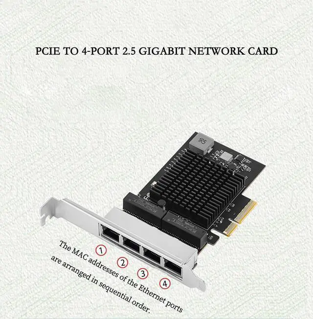 Alt view image 6 of 7 - PCIe X1 to 2.5G Network Card RTL8125B Gigabit Ethernet Adapter for Desktop and Server, PCI-E x1 LAN Card 2500Mbps with Dual LED Indicators, Full & Low Profile Brackets (Quad RJ45)