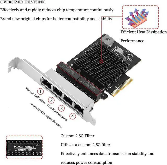 Alt view image 4 of 7 - PCIe X1 to 2.5G Network Card RTL8125B Gigabit Ethernet Adapter for Desktop and Server, PCI-E x1 LAN Card 2500Mbps with Dual LED Indicators, Full & Low Profile Brackets (Quad RJ45)