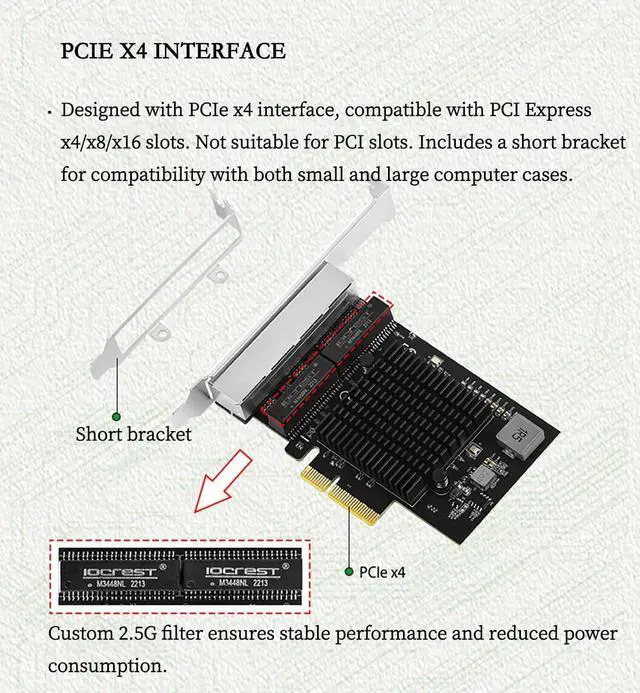 Alt view image 7 of 7 - PCIe X1 to 2.5G Network Card RTL8125B Gigabit Ethernet Adapter for Desktop and Server, PCI-E x1 LAN Card 2500Mbps with Dual LED Indicators, Full & Low Profile Brackets (Quad RJ45)