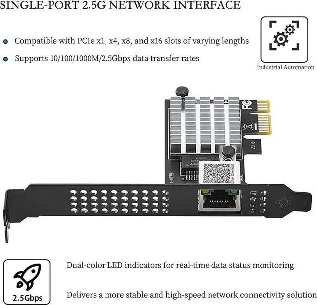 Alt view image 3 of 7 - PCIe X1 to 2.5G Network Card RTL8125B Gigabit Ethernet Adapter for Desktop and Server, PCI-E x1 LAN Card 2500Mbps with Dual LED Indicators, Full & Low Profile Brackets (Single RJ45)