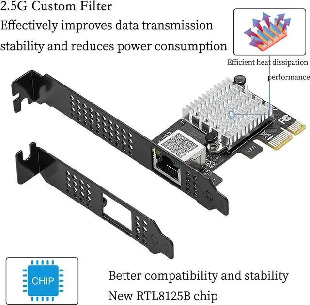 Alt view image 4 of 7 - PCIe X1 to 2.5G Network Card RTL8125B Gigabit Ethernet Adapter for Desktop and Server, PCI-E x1 LAN Card 2500Mbps with Dual LED Indicators, Full & Low Profile Brackets (Single RJ45)