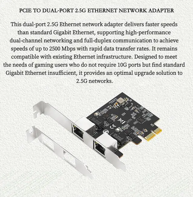 Alt view image 2 of 7 - PCIe X1 to 2.5G Network Card RTL8125B Gigabit Ethernet Adapter for Desktop and Server, PCI-E x1 LAN Card 2500Mbps with Dual LED Indicators, Full & Low Profile Brackets (Dual RJ45)