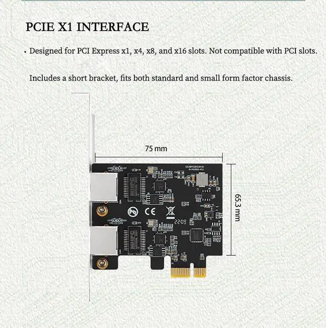 Alt view image 3 of 7 - PCIe X1 to 2.5G Network Card RTL8125B Gigabit Ethernet Adapter for Desktop and Server, PCI-E x1 LAN Card 2500Mbps with Dual LED Indicators, Full & Low Profile Brackets (Dual RJ45)