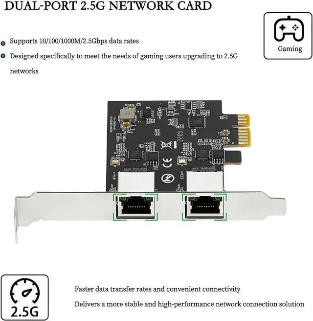 Alt view image 6 of 7 - PCIe X1 to 2.5G Network Card RTL8125B Gigabit Ethernet Adapter for Desktop and Server, PCI-E x1 LAN Card 2500Mbps with Dual LED Indicators, Full & Low Profile Brackets (Dual RJ45)