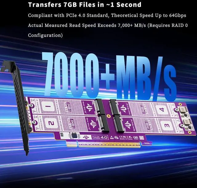 Alt view image 2 of 4 - AU-P599 PCIe 4.0 X16 to 4Bay NVMe SSD Expansion Card, 64Gbps M.2 Adapter, Gold-Plated PCB, High Speed RAID0 NVMe to PCI Express Converter for Desktop