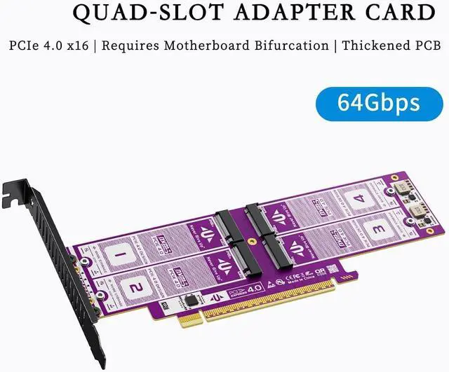 Alt view image 4 of 4 - AU-P599 PCIe 4.0 X16 to 4Bay NVMe SSD Expansion Card, 64Gbps M.2 Adapter, Gold-Plated PCB, High Speed RAID0 NVMe to PCI Express Converter for Desktop