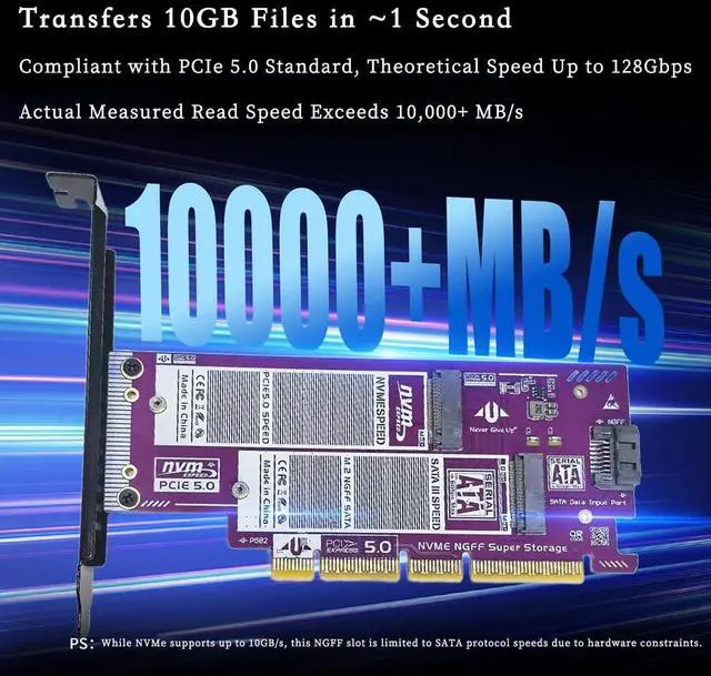 Alt view image 4 of 5 - PCIe 5.0/4.0 to Dual M.2 NVMe & SATA SSD Adapter Card \u2013 Dual-Bay High-Speed Expansion Board with Gold-Plated PCB, Stable Signal Transmission, and Metal Bracket (P582)