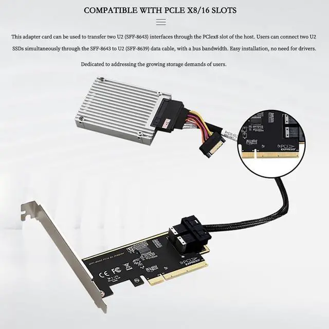 Alt view image 3 of 5 - PCIe 3.0 x16 to U.2 (SFF-8643) NVMe Expansion Card \u2013 4/2/1 Port Adapter for U.2 SSDs, Compatible with PCIe x8/x16 Slots (Single Port)