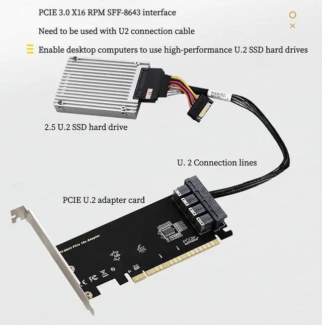 Alt view image 4 of 5 - PCIe 3.0 x16 to U.2 (SFF-8643) NVMe Expansion Card \u2013 4/2/1 Port Adapter for U.2 SSDs, Compatible with PCIe x8/x16 Slots (Single Port)