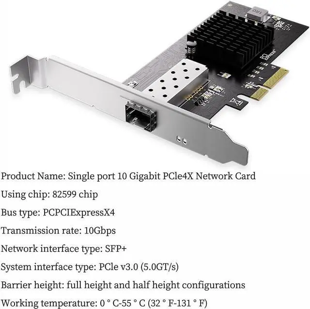 Alt view image 6 of 6 - 10Gbps Single-Port SFP+ PCIe 3.0 x4 Network Adapter Card  Desktop Server Expansion with 82599 Chipset, Compatible with Windows/Linux/VMware