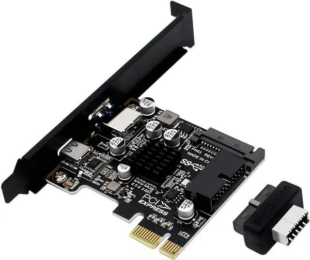 Main image of PH63C PCIe X1 to USB 3.0 A, USB-C, Type-E, 19/20-Pin Expansion Card with SATA 15-Pin Power and Aluminum Heatsink  Compatible with Desktop PC Windows/Linux/MacOS (Full-Height Baffle)