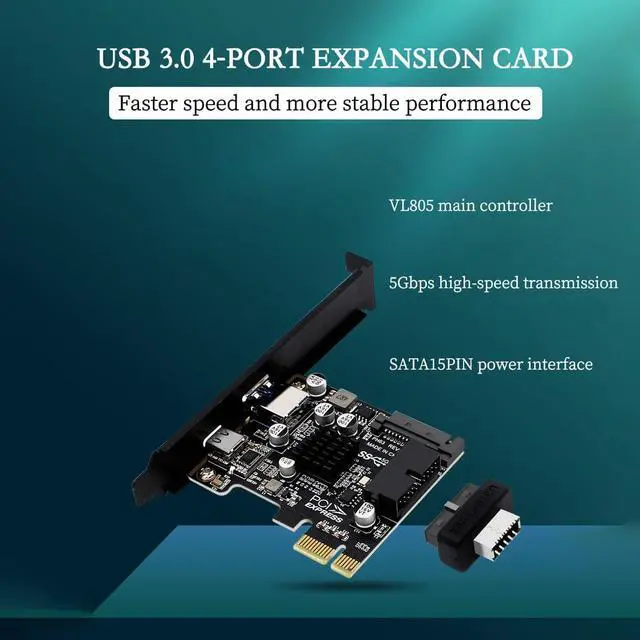 Alt view image 2 of 7 - PH63C PCIe X1 to USB 3.0 A, USB-C, Type-E, 19/20-Pin Expansion Card with SATA 15-Pin Power and Aluminum Heatsink  Compatible with Desktop PC Windows/Linux/MacOS (Full-Height Baffle)