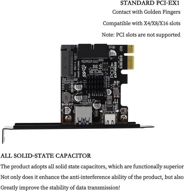 Alt view image 6 of 7 - PH63C PCIe X1 to USB 3.0 A, USB-C, Type-E, 19/20-Pin Expansion Card with SATA 15-Pin Power and Aluminum Heatsink \u2013 Compatible with Desktop PC Windows/Linux/MacOS (Half-Height Baffle)