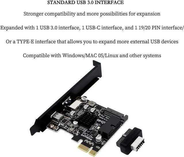 Alt view image 5 of 7 - PH63C PCIe X1 to USB 3.0 A, USB-C, Type-E, 19/20-Pin Expansion Card with SATA 15-Pin Power and Aluminum Heatsink \u2013 Compatible with Desktop PC Windows/Linux/MacOS (Half-Height Baffle)