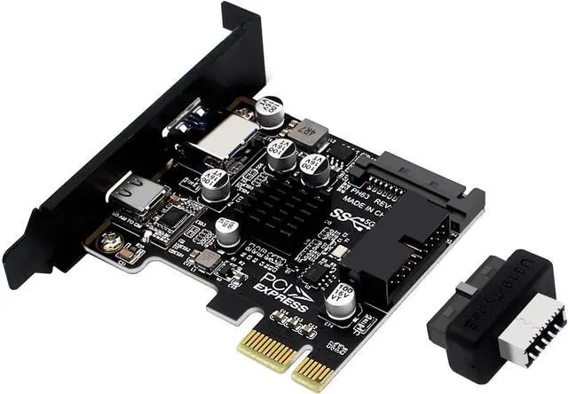 Main image of PH63C PCIe X1 to USB 3.0 A, USB-C, Type-E, 19/20-Pin Expansion Card with SATA 15-Pin Power and Aluminum Heatsink \u2013 Compatible with Desktop PC Windows/Linux/MacOS (Half-Height Baffle)
