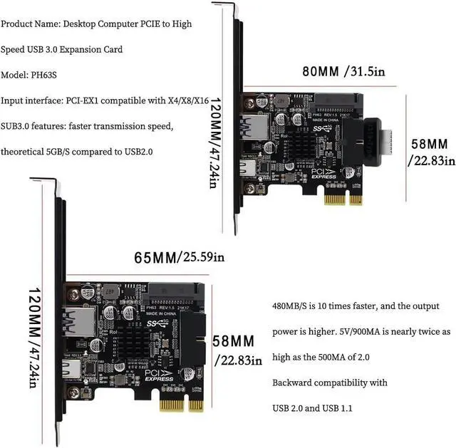 Alt view image 4 of 7 - PH63C PCIe X1 to USB 3.0 A, USB-C, Type-E, 19/20-Pin Expansion Card with SATA 15-Pin Power and Aluminum Heatsink \u2013 Compatible with Desktop PC Windows/Linux/MacOS (Half-Height Baffle)