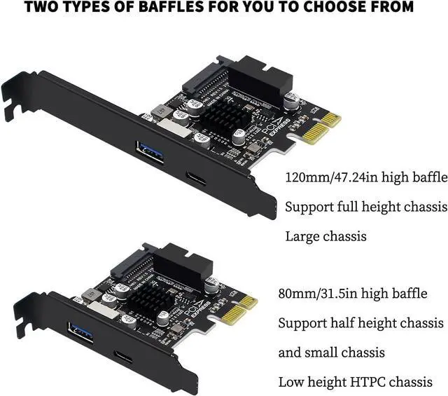 Alt view image 3 of 7 - PH63C PCIe X1 to USB 3.0 A, USB-C, Type-E, 19/20-Pin Expansion Card with SATA 15-Pin Power and Aluminum Heatsink \u2013 Compatible with Desktop PC Windows/Linux/MacOS (Half-Height Baffle)