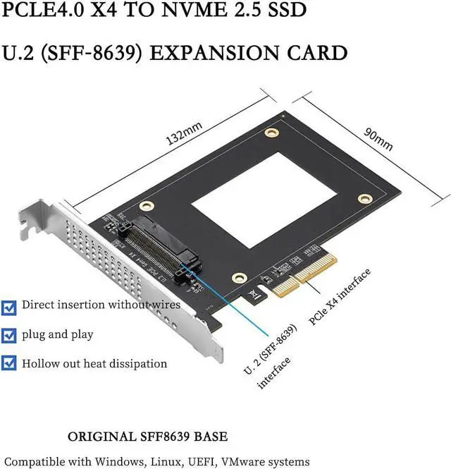 Alt view image 2 of 7 - IO-PCE8639A-U2 PCIe 4.0 x4 to U.2 (SFF-8639) Expansion Card  7000MB/s High-Speed Adapter for 2.5" NVMe SSD, No Power Cable Required, Supports Servers & Workstations