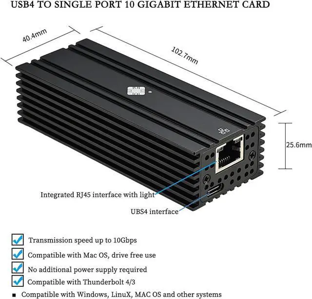Alt view image 2 of 7 - I0-HTB1131-GLAN USB4 to 10G RJ45 Network Card  Single-Port Ethernet Adapter  Compatible with Thunderbolt 3 4 5