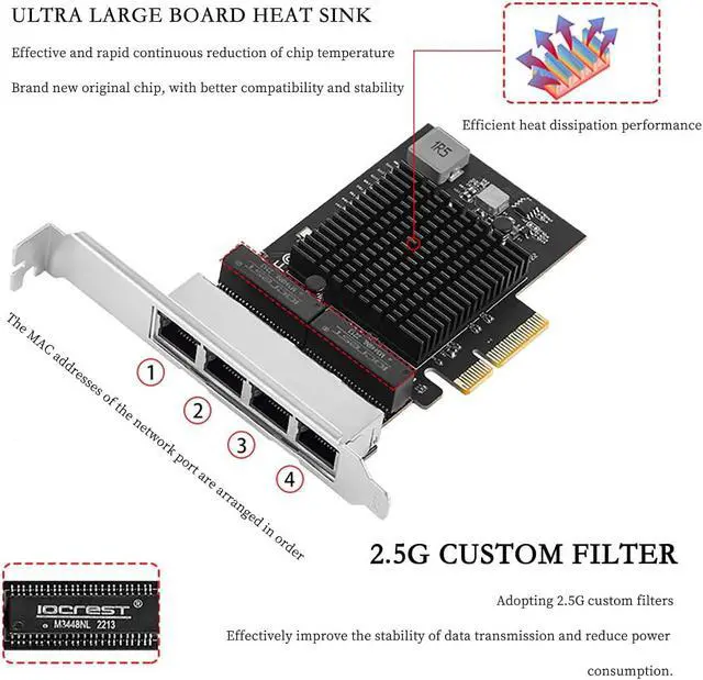 Alt view image 6 of 7 - PCIe X4 Quad-Port 2.5G Ethernet Network Card  RJ45 LAN Ports, High-Speed Adapter for Servers, Soft Routers, Gaming PCs  Compatible with Windows/Linux/ESXi/Unraid/PVE