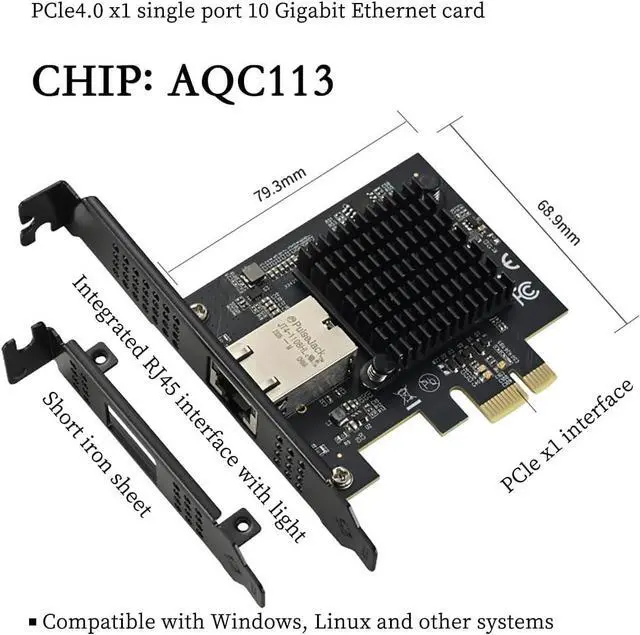Alt view image 4 of 7 - PCIe 4.0 x1 to 10Gbps Single-Port Ethernet Network Adapter  AQC113 Chipset, RJ45 10GBase-T, High-Speed NIC for Server/Desktop/NAS