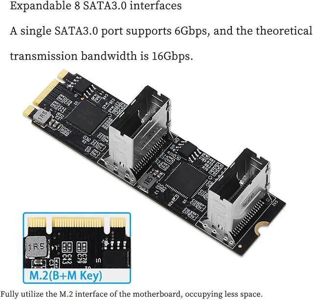 Alt view image 2 of 6 - PCIe 3.0 M.2 B+M Key to 8-Port SATA3 6Gbps Expansion Card  Dual Mini-SAS Connectors, RAID Support for Desktop/Server