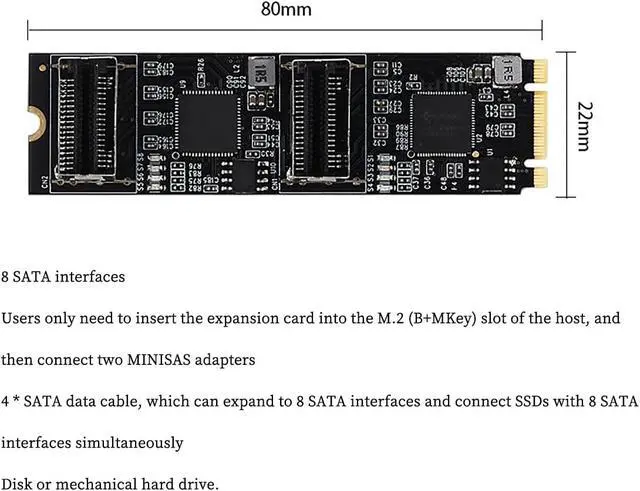 Alt view image 3 of 6 - PCIe 3.0 M.2 B+M Key to 8-Port SATA3 6Gbps Expansion Card  Dual Mini-SAS Connectors, RAID Support for Desktop/Server